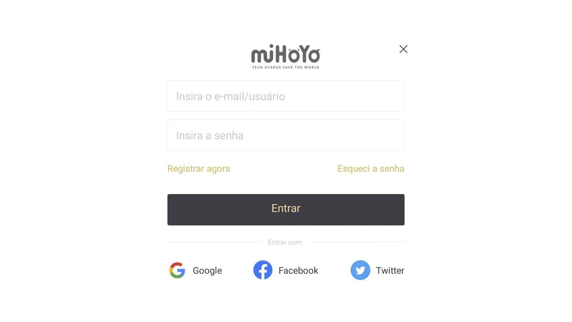 Para jogar, é necessário ter um login na miHoYo, ou usar uma conta do Google, Facebook ou Twitter. Crédito: Genshin Impact/Reprodução