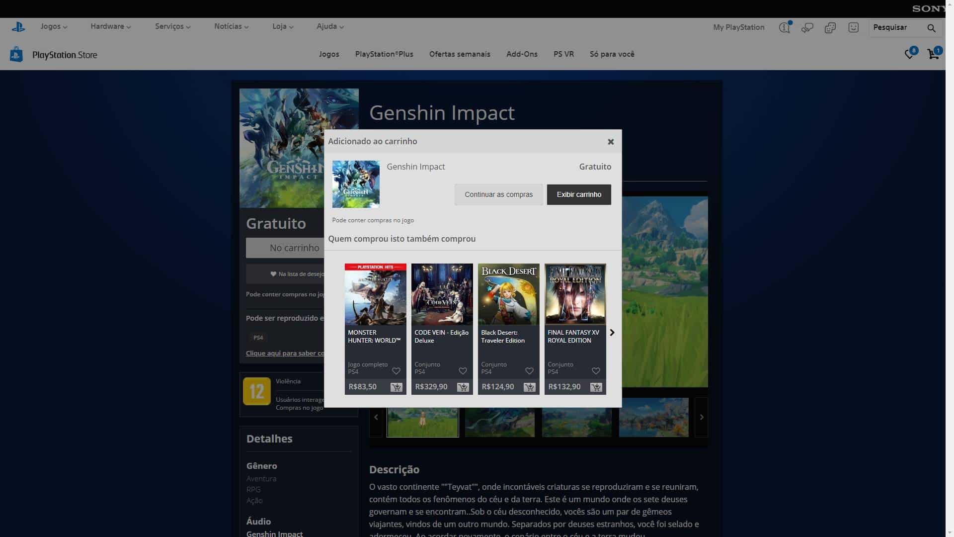 Instalação do jogo Genshin Impact para PS4. Crédito: Sony/Reprodução