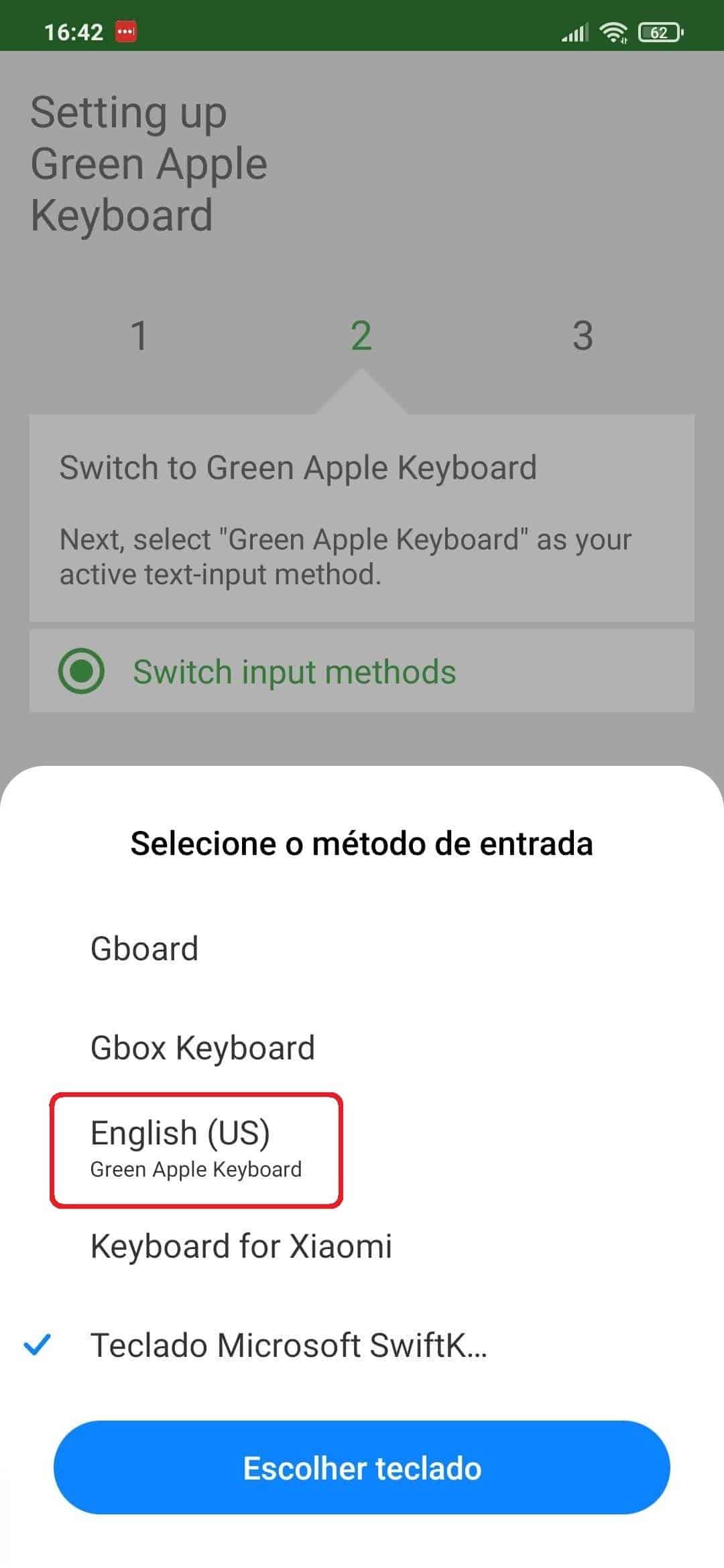 Selecione o Green Apple Keyboard dentre os teclados instalados no seu dispositivo. Crédito: Bruno Felix/Olhar Digital